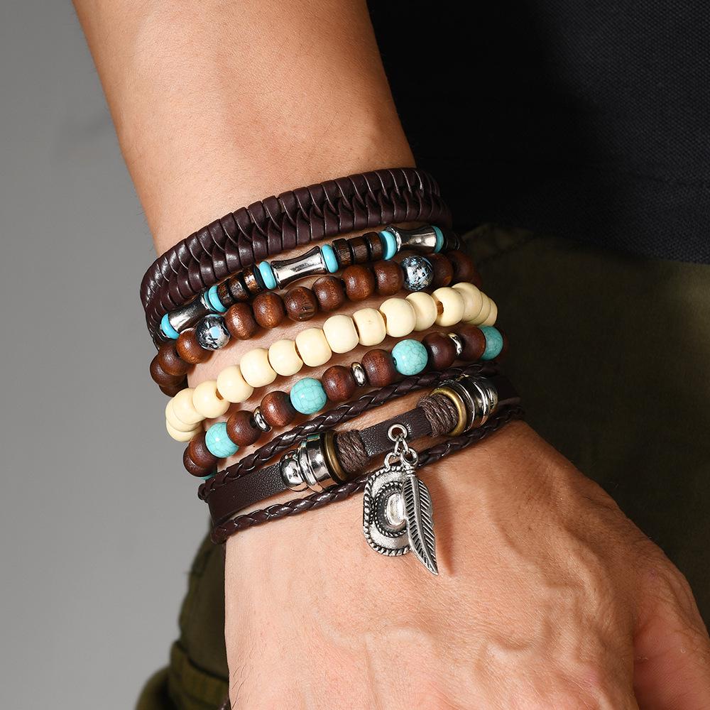 Retro Bull Head Cowboy Hat & Multi-layer Handwoven Leather Bracelet Set (11 Pcs) for Men