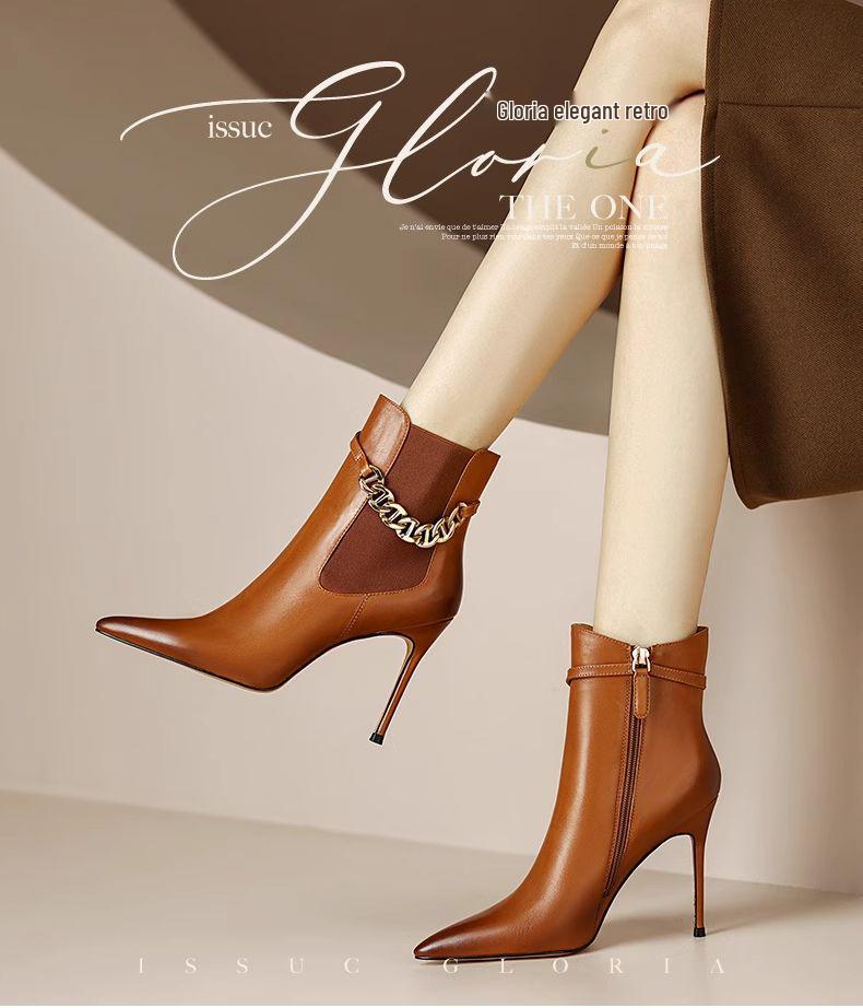 2025 Trendy Women's Genuine Leather Stiletto Ankle Boots with Velvet Lining