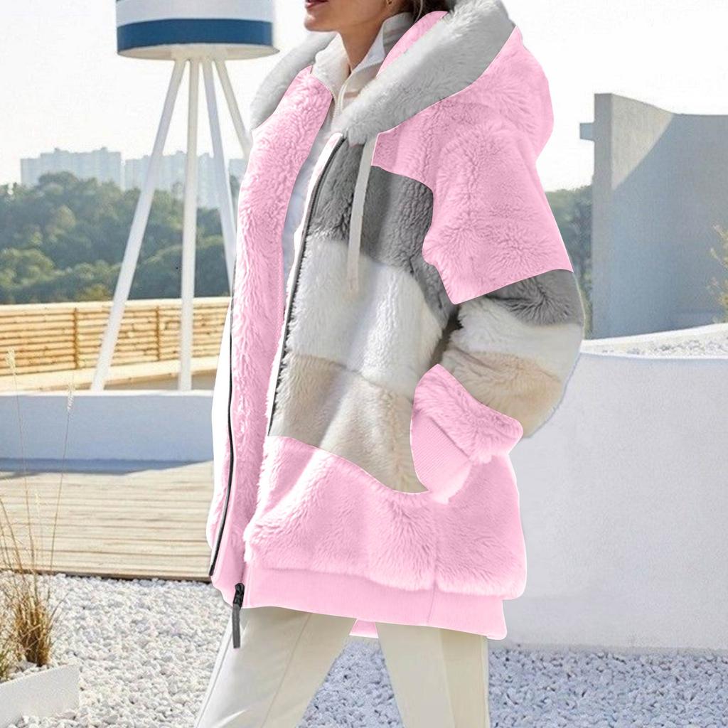 Women's Fashionable Warm Fleece Solid Color Patchwork Hoodie Zipper Pocket Casual Jacket