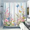 1pc Floral Butterfly Shower Curtain - Pink, Purple, White Flowers & Blue, Yellow Butterflies, Light Blue Stripes, Polyester