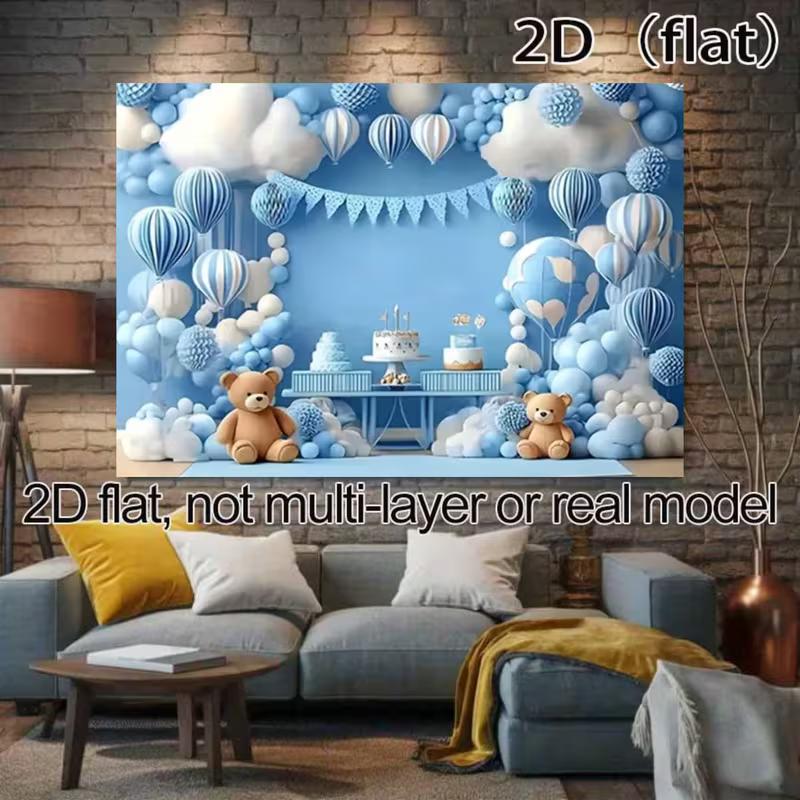 2D Teddy Bear Hot Air Balloon Backdrop for Newborn Photography