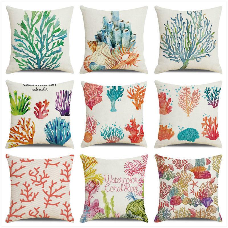 Watercolor Painting of Coral Marine Creatures Digital Printing Short Plush Pillow Covers for Car Sofa Office Cushion Cover