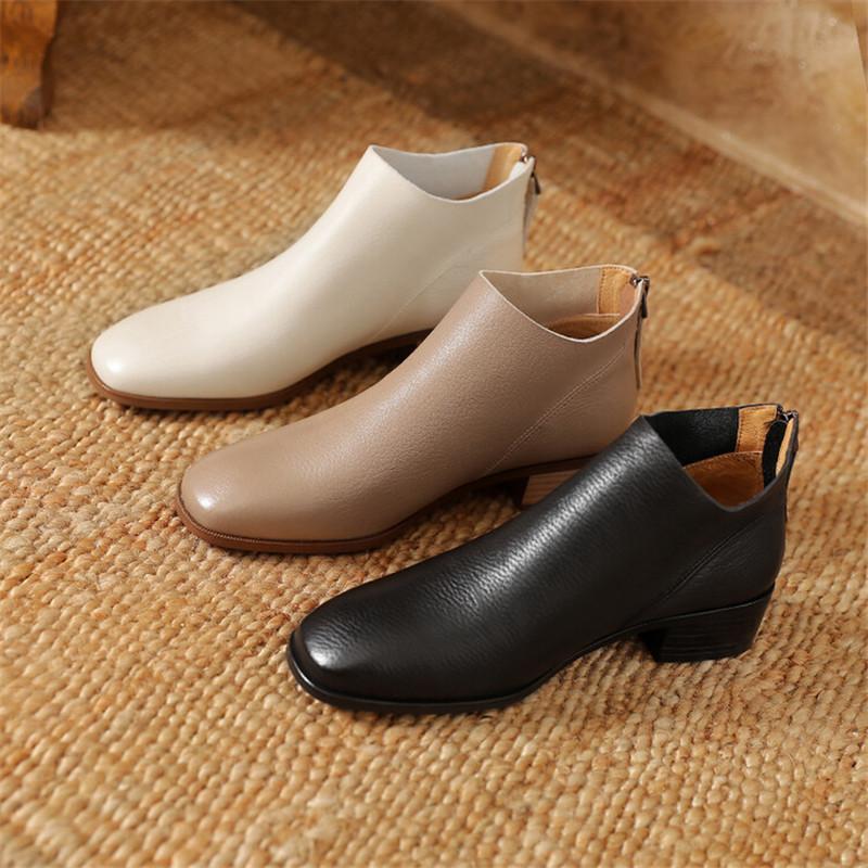 Mote Nye Høst Ekte Lær Dame Støvletter Casual Korte Støvletter for Damer Mote Støvletter Kraftige Hæler Damesko Konsise Ankelstøvletter