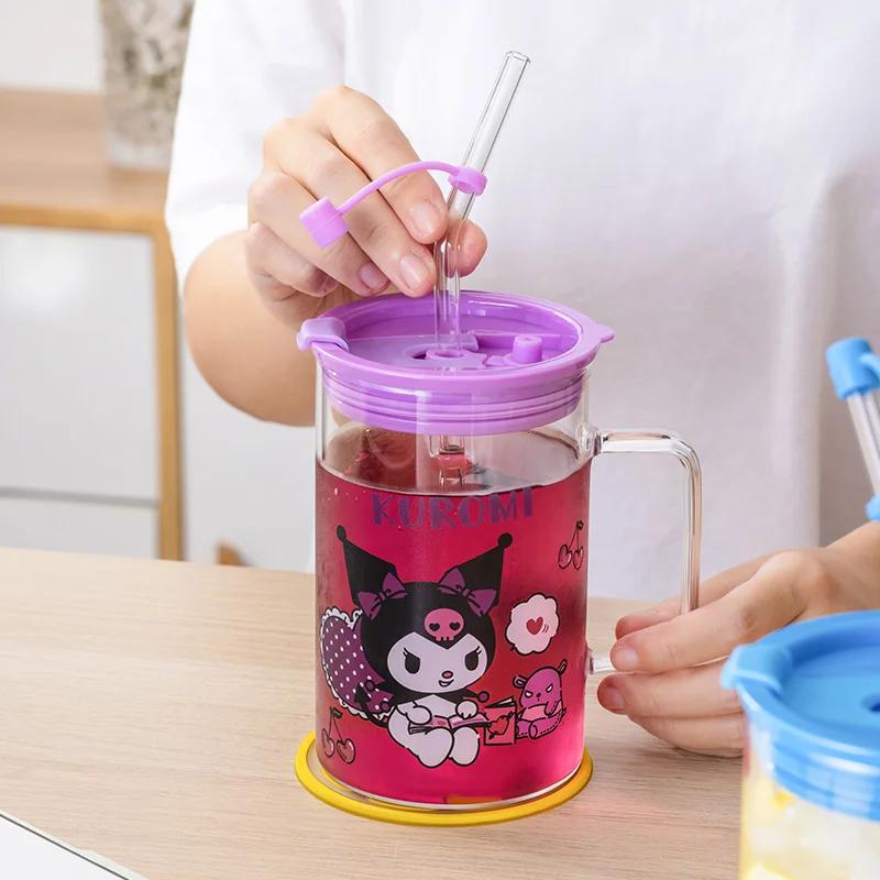Pour Sanrio Tasse à Café en Verre avec Paille pour Dessin Animé Cinnamoroll& Kuromi Impression Maison Tasse à Eau avec Paille et Échelle Tasse à Jus Lait