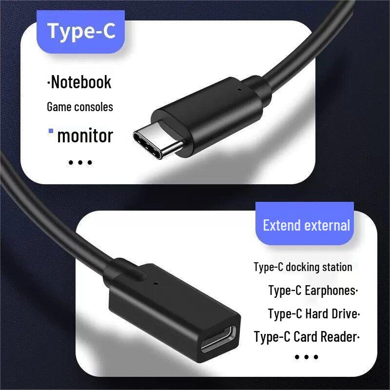 USB 3.1 Type-C Male to Female Extension Cable for 4K Screen Casting and Hard Drive Connection.