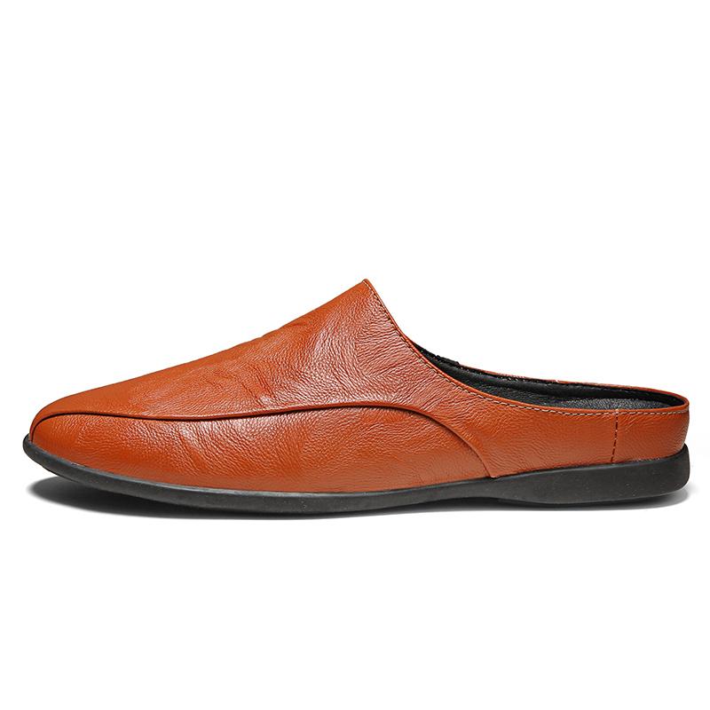 2026 Summer Leather Mens Mules Half Shoes for Men Slip-on Loafers Slippers Semi-Drag Backless Driving Shoes Flat Casual Shoes