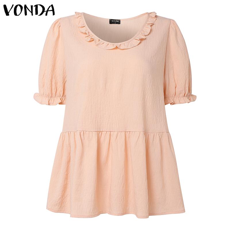 

VONDA Elegant Women V Neck Puff Sleeve Ruffled Casual Loose Blouse 5XL розовый