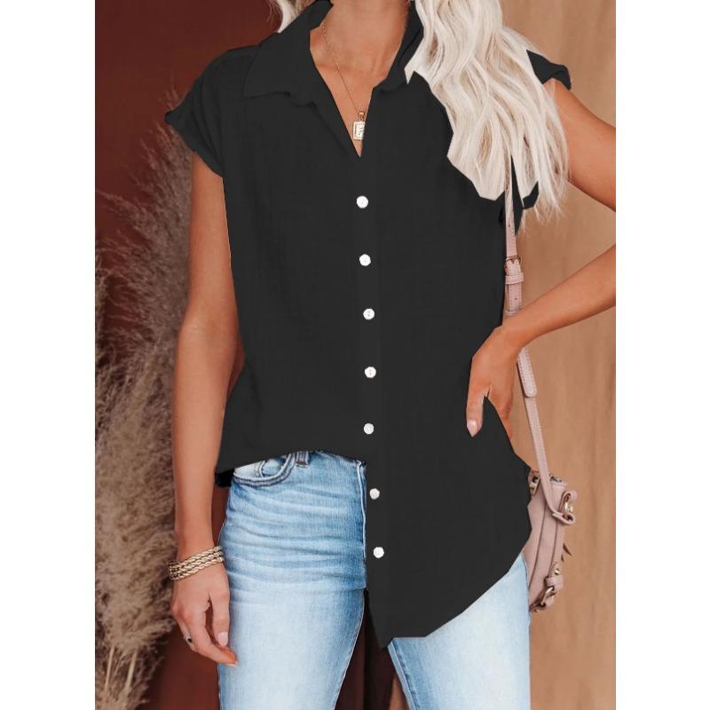 Women Cotton Shirts Vintage Solid Color Short Sleeve Button Harajuku Loose Blouses and Tops Casual Ladies Tunic Oversize T-Shirt