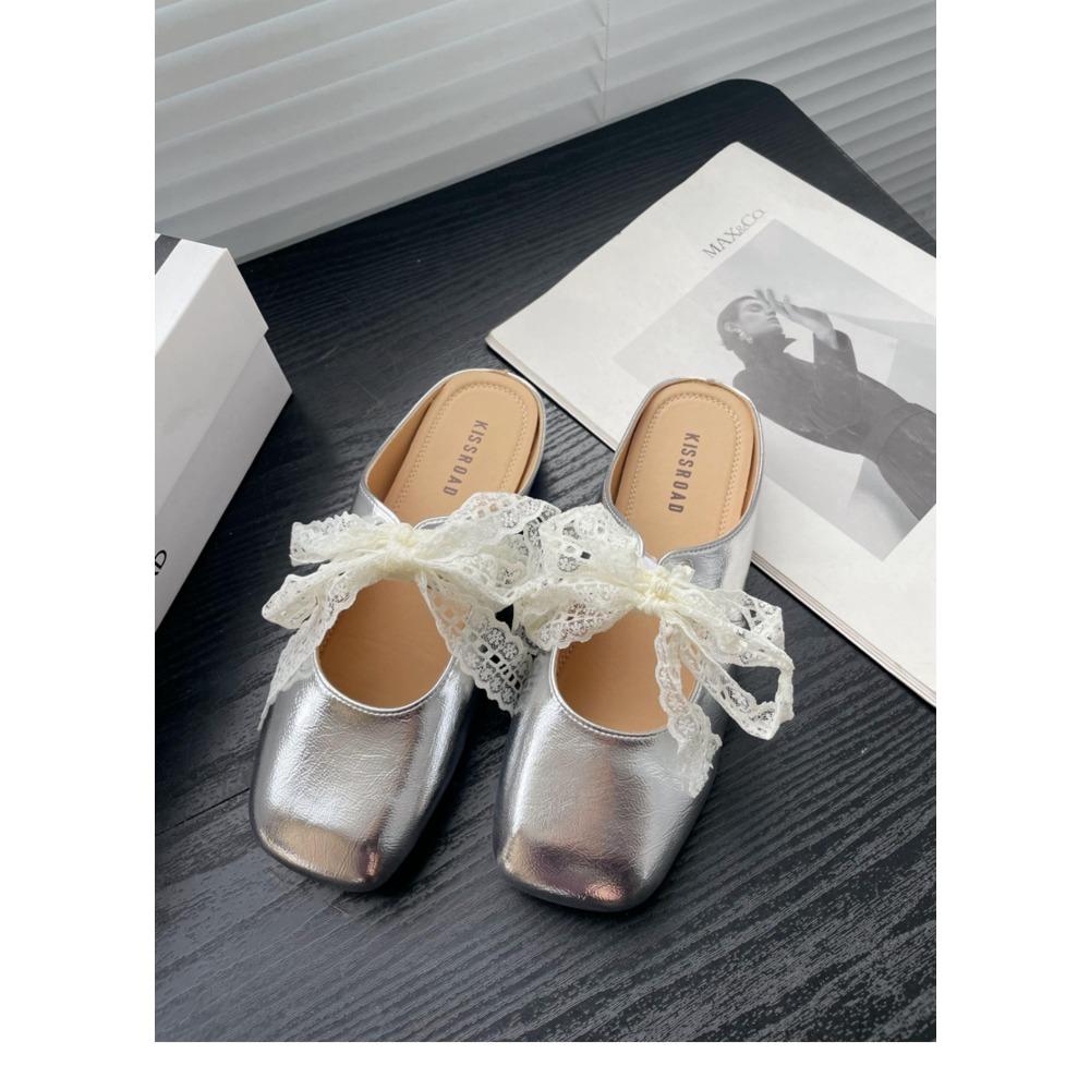 

JMXD-французский темперамент сумка голова полутапочки женская летняя одежда, атласная фея мягкая подошва Lazy Muller одинарные туфли 40 серебряный