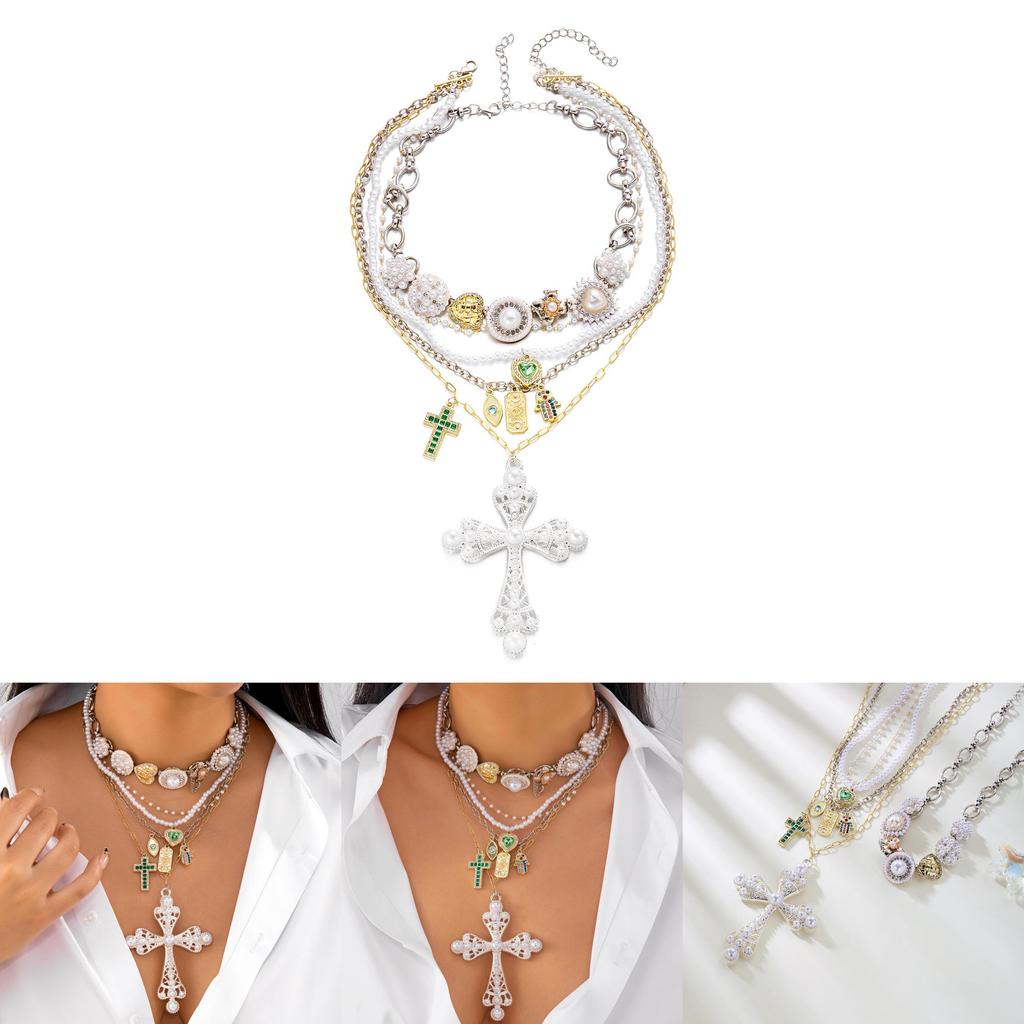 Style Layered Cross Pendant Necklace With Rhinestone Embellishments For Women