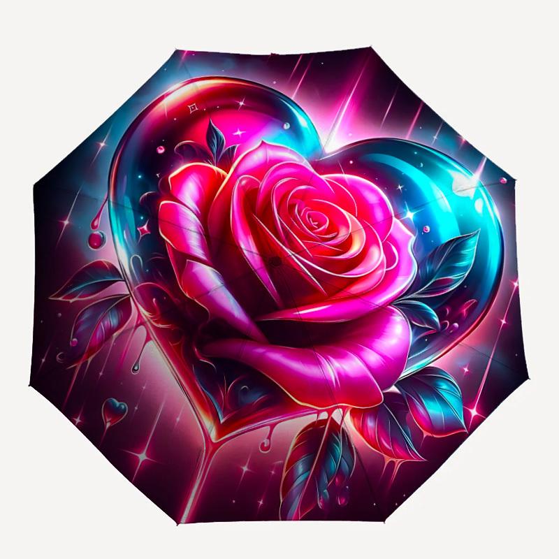 

1pc Heart Rose Decorative Automatic Umbrella - 8-Rib Durable Frame, Portable Fashion Accessory & Holiday Gift yy251117204