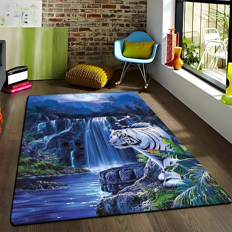 Animal Tiger Flowers Pattern Carpet Living Room Bedroom Yoga Mat Home Decoration Children's Crawling Floor Mats Area Rug Camping