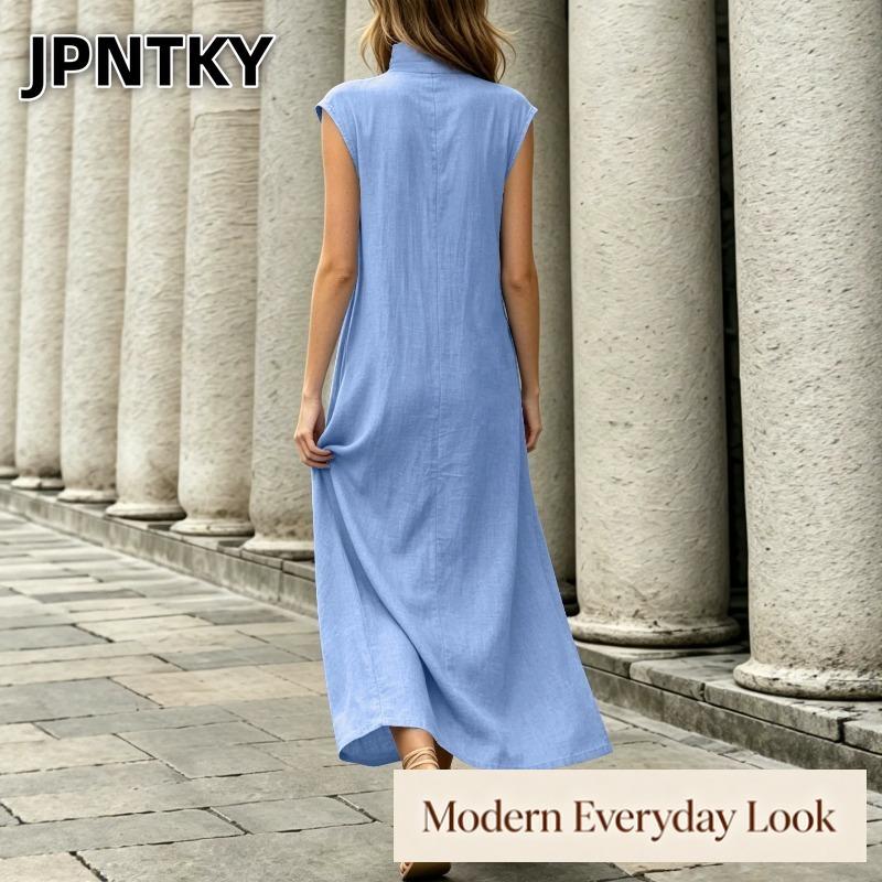 JPNTKY Women's Fashion Summer Spring Solid Color Print Sleeveless V-Neck Casual Dresses