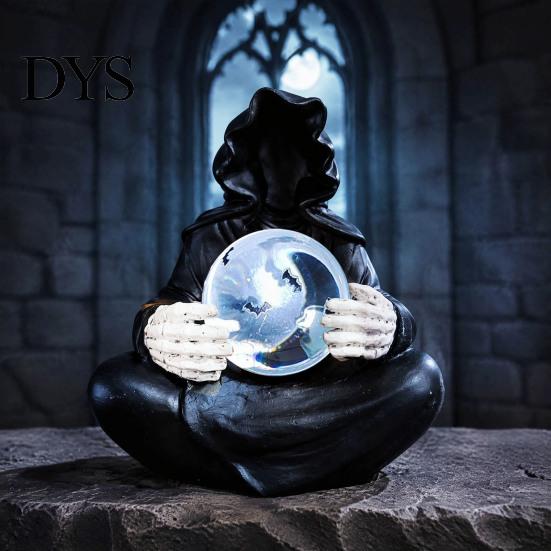 Atmospheric Night Light Faux Crystal Ball Grim Reaper Statue, Gothic Resin Black Robed Creepy Faceless Hood Sculpture with Glowing Clear Ball,