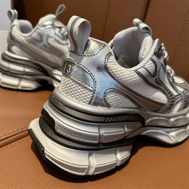 Buty sportowe letnie srebrne grube dno buty pops damskie buty zwiększające wzrost oddychająca siateczka cienkie modele wygodne klasyczne codzienne trampki