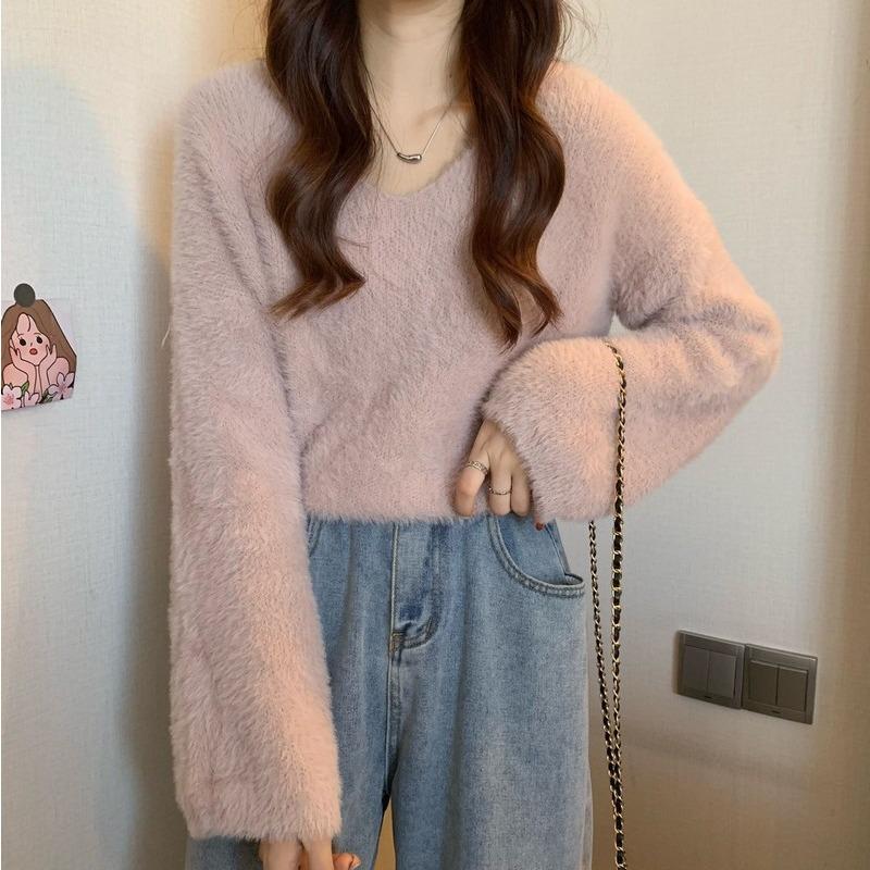Autumn Winter V Neck Long Sleeve Pullover Women Sweater Female Solid Color Loose Office Knitted Tops Fashion Elegant Simple Clothing
