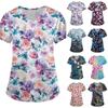 Women's Short Sleeve V Neck Vintage Floral Print Pocket Nurse Scrub Top Medical Uniform Shirt for Healthcare Professionals