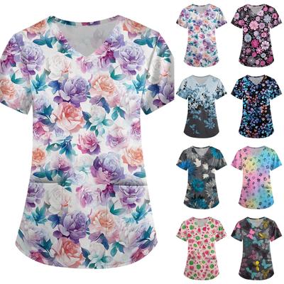 Women's Short Sleeve V Neck Vintage Floral Print Pocket Nurse Scrub Top Medical Uniform Shirt for Healthcare Professionals