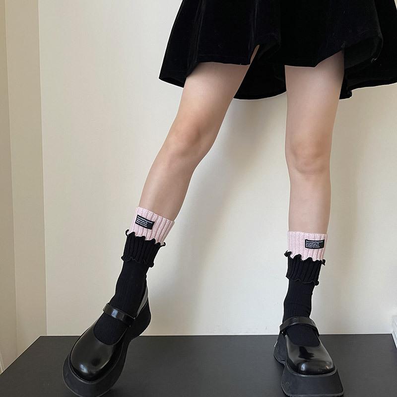1 Pair New 2025 Autumn Style Knit Trim Cotton Socks for Women Ruffle Lace Embroidered Letter Mid Calf Slouch Socks for Girls