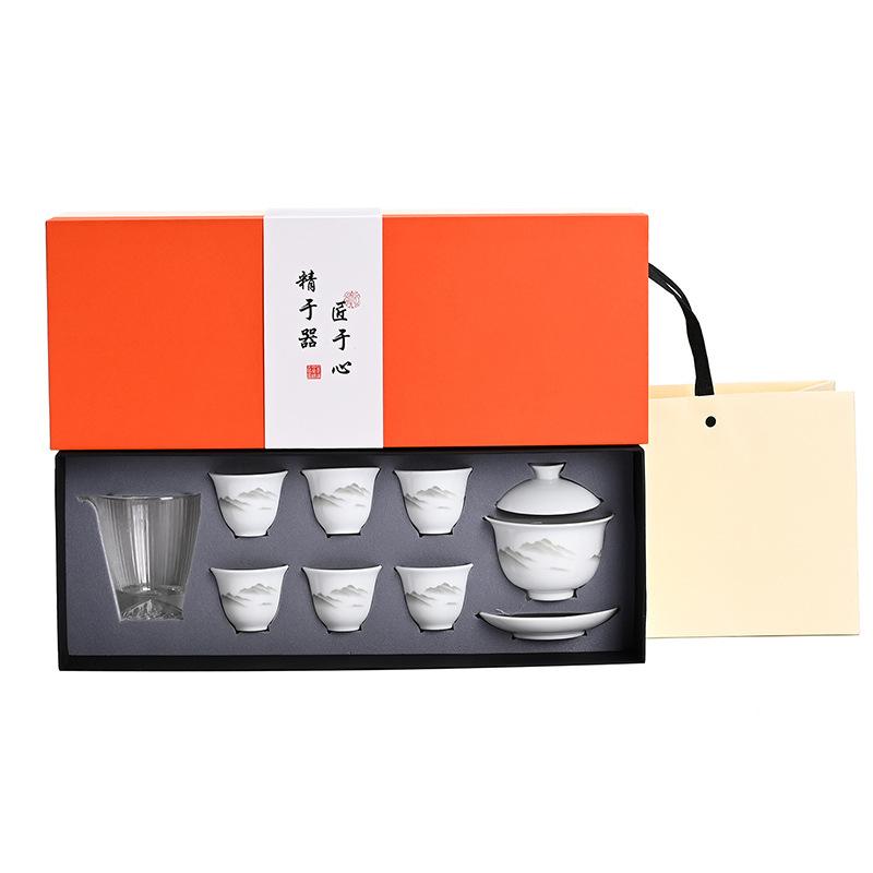 Dehua White Porcelain Kung Fu Tea Set, a full set of three talents cover bowl glass male cup gift box gift souvenir