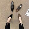 Fashion Women Slippers Pointed Toe Leopard Design Shallow Slip on Thin Low Heels Black Flock Design Casual Mules Loafers Black Outdoor