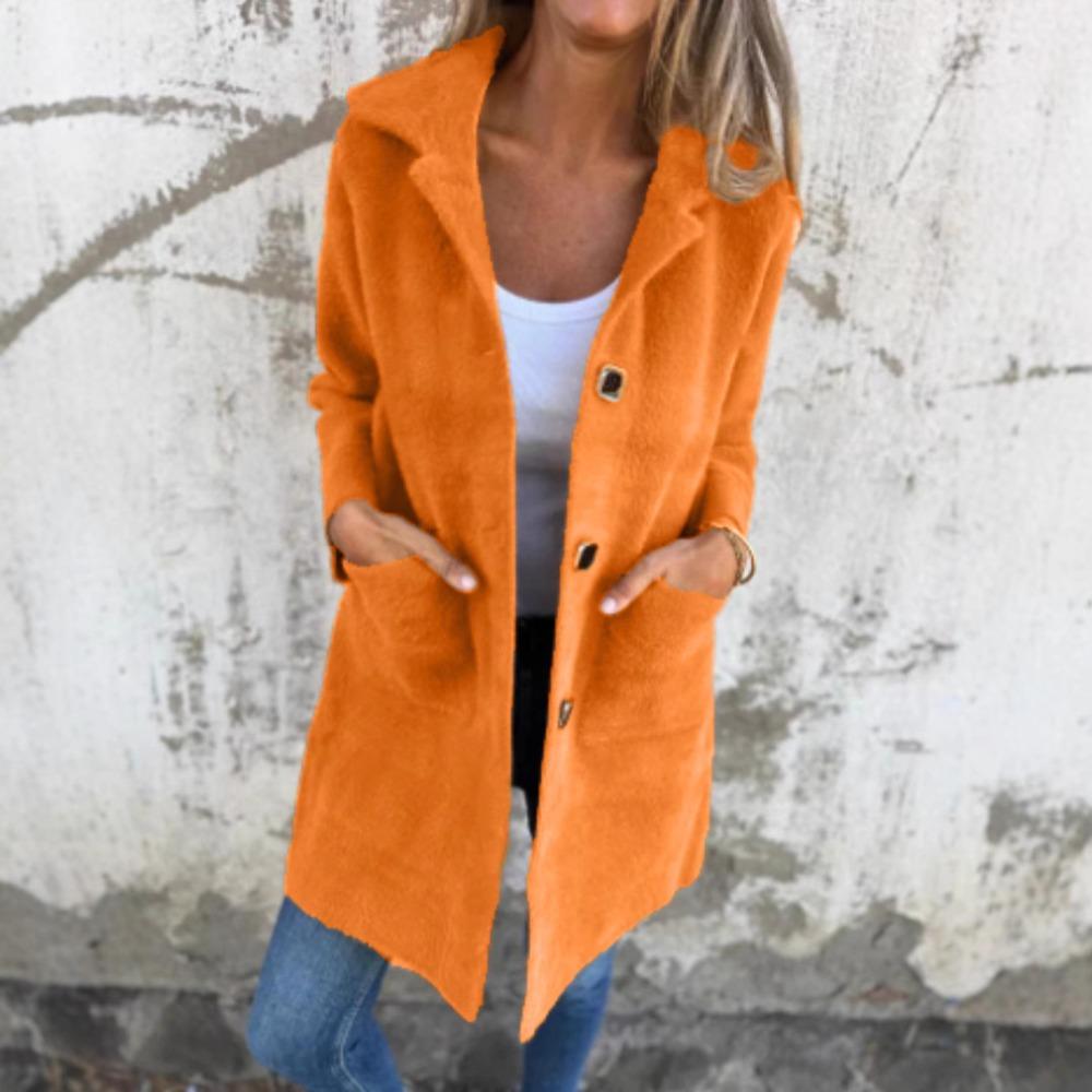 Women's Notched Lapel Single‑Breasted Pocket Loose Mid‑Length Fleece Coat Fall Outerwear