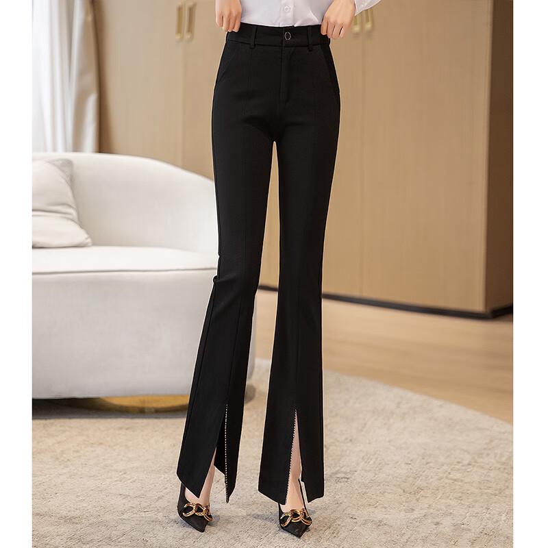 Women's High-Waist Slim-Fit Flared Pants with Rhinestone Split Hem