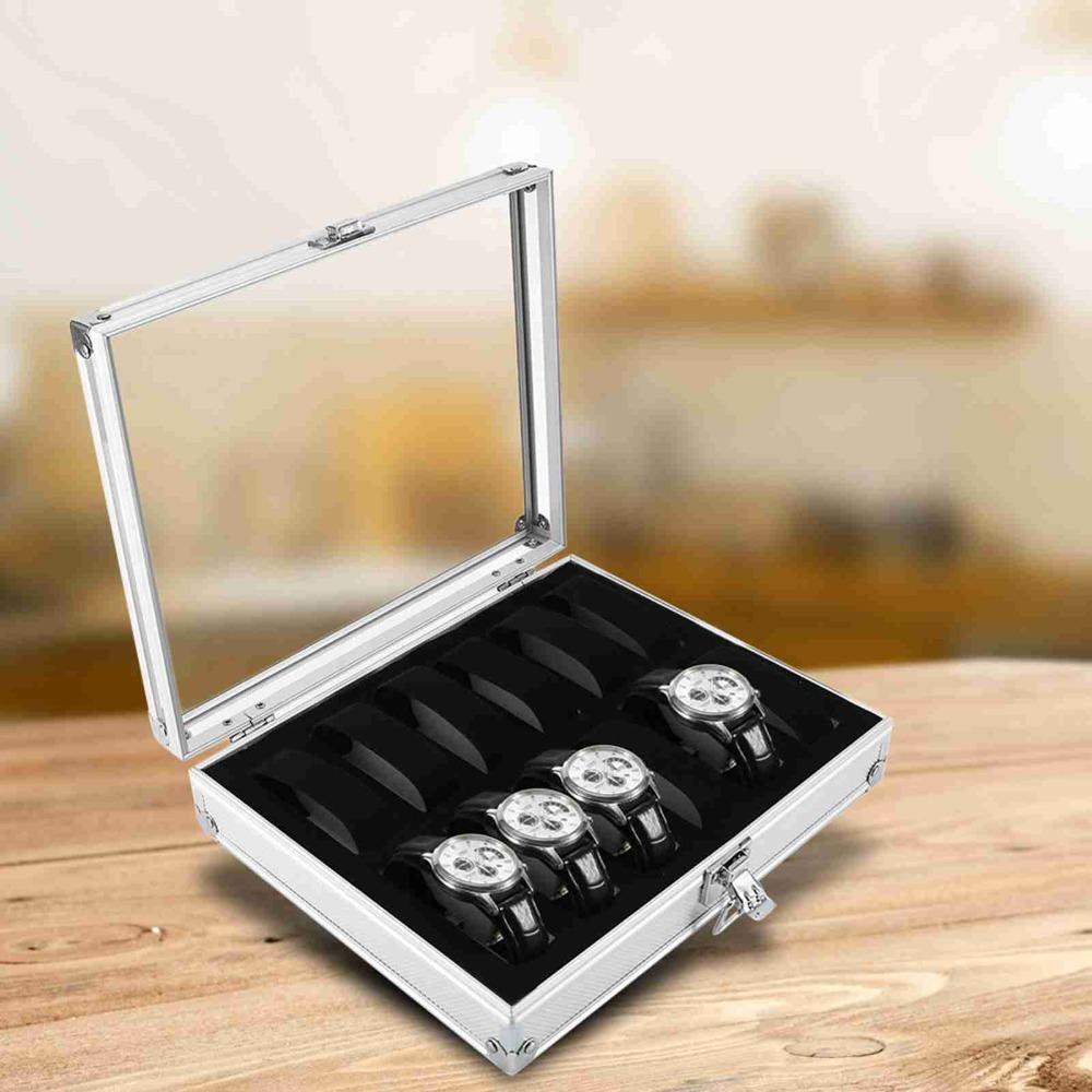 Aluminum Watch Display Box 12 Grid Slots 6 Grid Slots Watch Organizer Box Transparent Glass Top Rectangle Watch Case