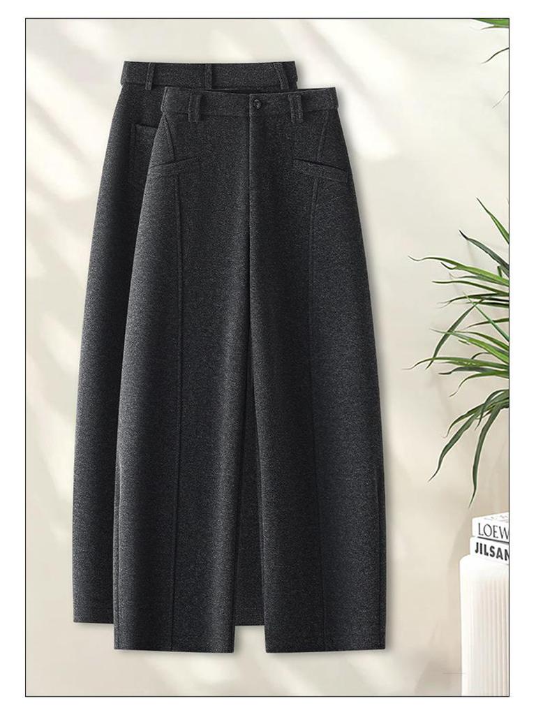 Women's Gray Wool Tweed Wide-Leg Cropped Pants with Velvet Lining - Autumn/Winter New Style