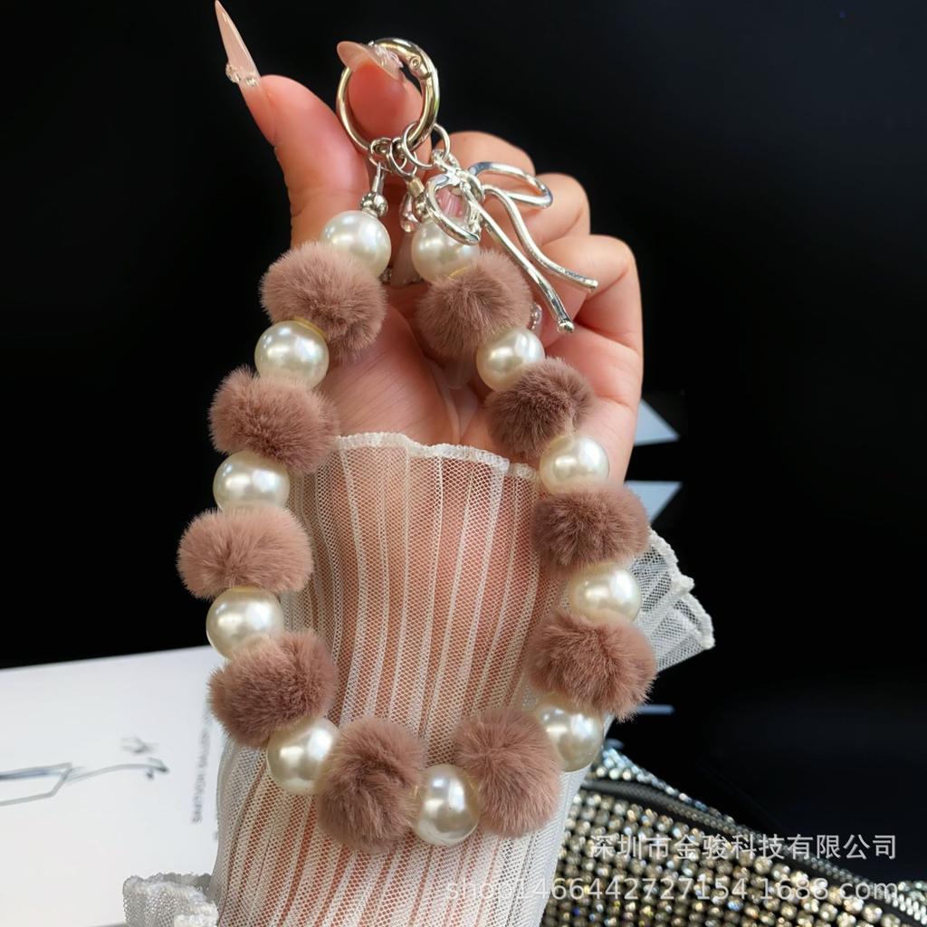 Autumn and Winter Plush Pearl Bracelet with 3D Bow Pendant, Phone Chain, Lanyard, Bag Charm, Keychain