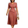Women Elegant Blazer Collar Half Sleeve High Waist Solid A Line Midi Dress
