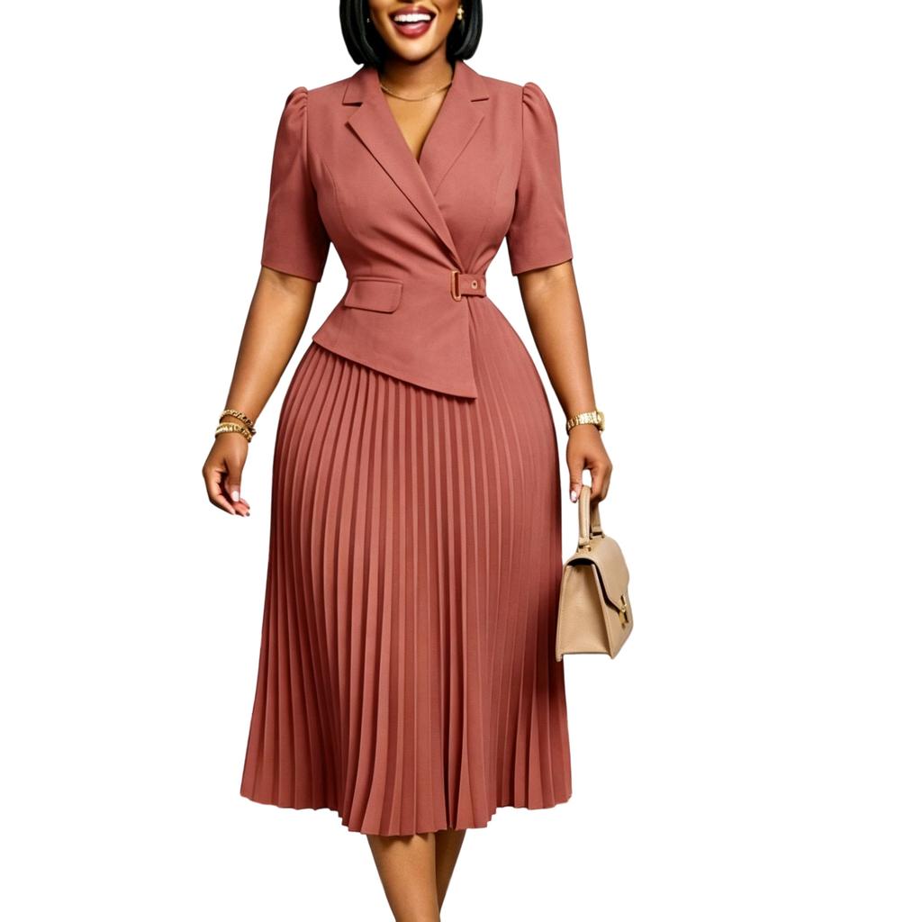 Women Elegant Blazer Collar Half Sleeve High Waist Solid A Line Midi Dress