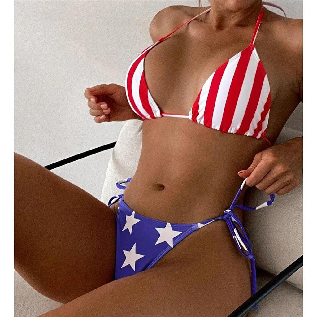 Flag Printed Striped Halter High Cut Bikini Female Swimsuit Women Swimwear Two-pieces Bikini Set Bather Bathing Suit Swim