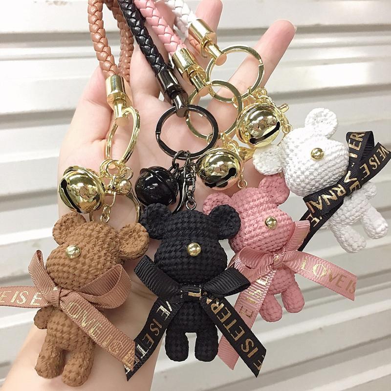 Cute Resin Woolen Little Bear Bow Rabbit Keychain Holiday Car Key Ring For Girls Creative Gift Weaving  Doll Bag Pendant