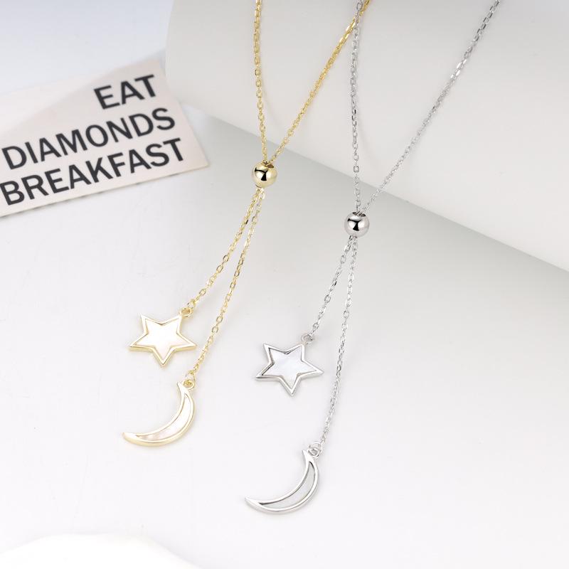 S925 Sterling Silver Moon and Stars Tassel Necklace - High-end, Trendy, Electroplated Design
