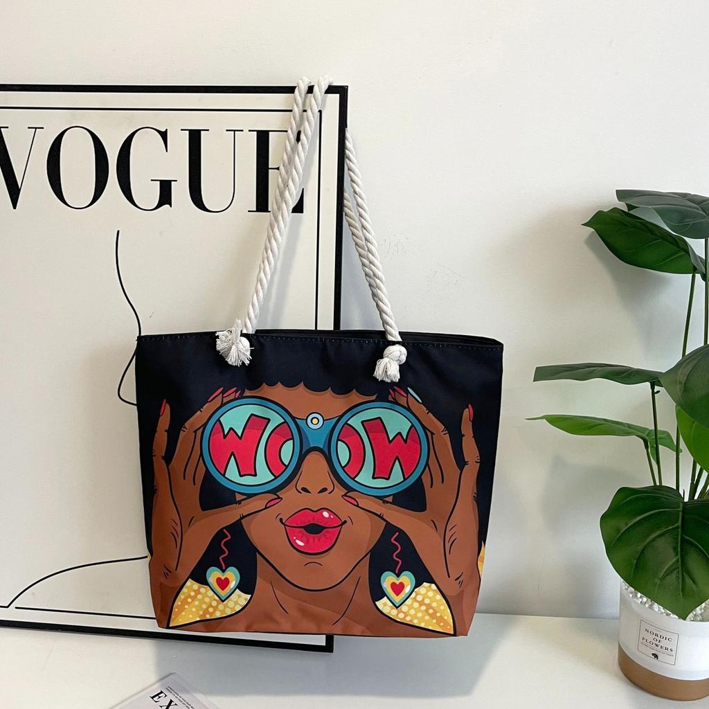 Classic Outdoor Practical Retro Canvas Tote Bag Cartoon Print Handheld Beach Bag Large Capacity CLE
