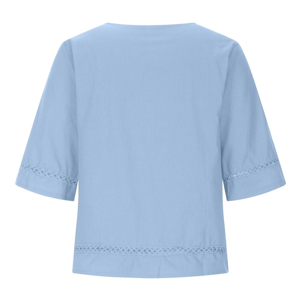 Dámská móda Ležérní Jednobarevné bavlněné a konopné tričko Polorukáv s vroubkovaným výstřihem Košile s vydlabaným topem