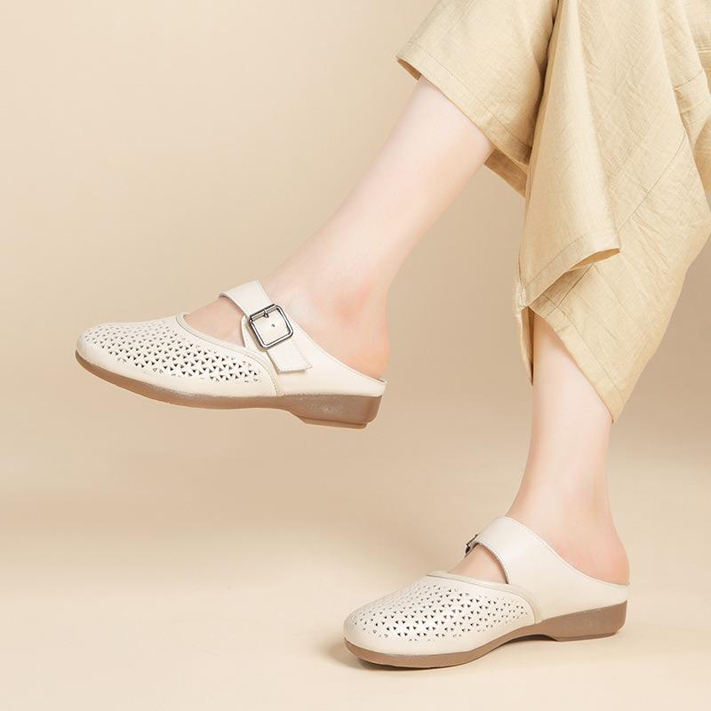 Genuine leather beef tendon soft bottom literary and retro hole bag head half drag women's summer versatile hollow breathable mother slippers