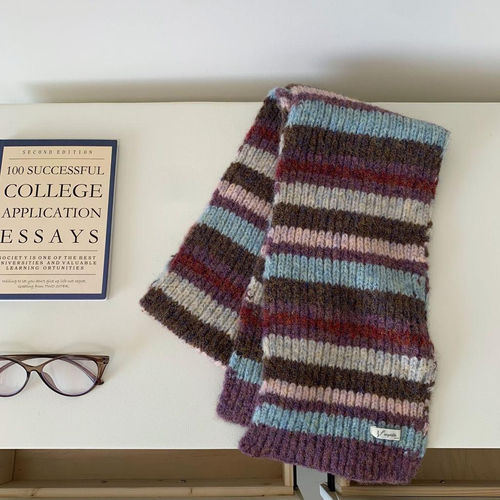 Retro Contrast Color Striped Scarf Wool Knitting Scarf For Women Autumn Winter Warm Cold-Proof Scarf Versatile Student Muffler