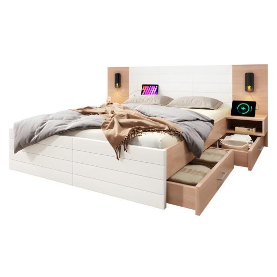 160x200cm Double Bed with 2 Drawers Bedside Cabinets Reading Light Headboard USB Charging Function Strong Wood Slat Support Bed Bedroom