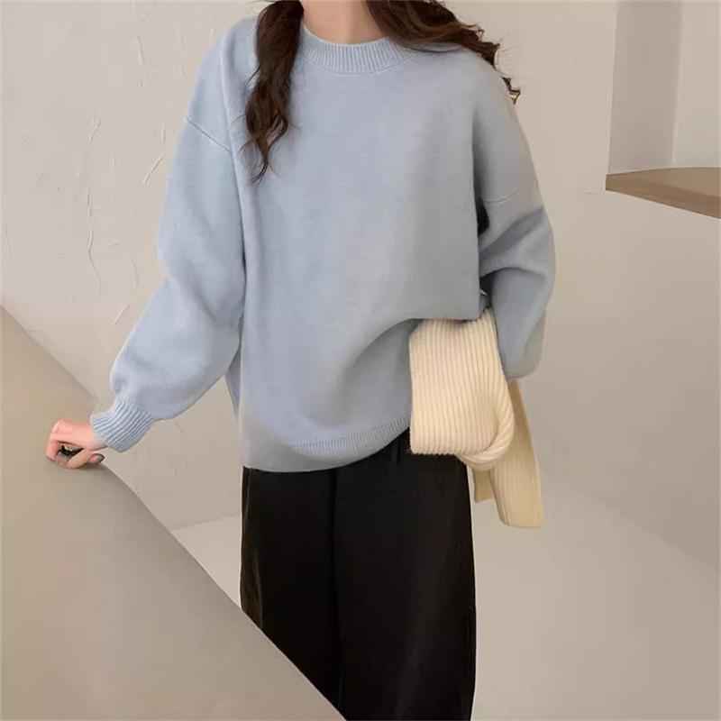 Retro Solid Color Hong Kong Flavor Round Neck Pullover Sweater Women's Autumn and Winter New Wear Loose Simple Knitted Sweater Top