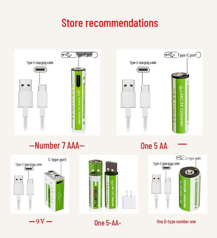Rechargeable 1.5V USB Fast Charge Lithium Battery for Toy Cars, Calculators, and Mice, Size 5