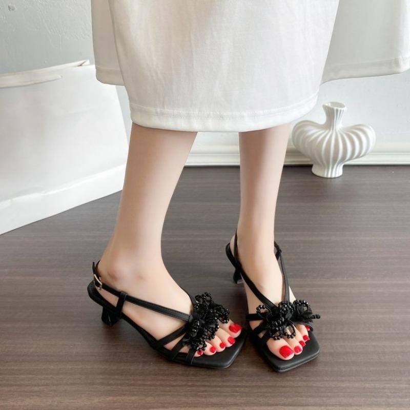 Fashion Summer New Temperament Flower Sandals Women's Comfortable and Versatile Design Outside Wear Square Toe High Heels