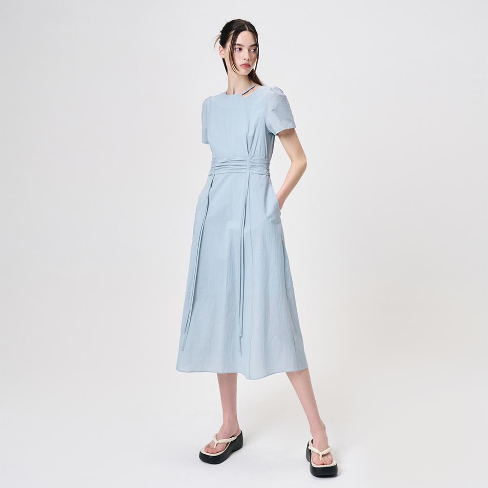 Etmont Neck Cut-Out Shirring Dress, Sky Blue