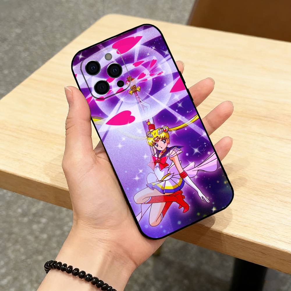 CUTE Cartoon S-Sailor M-Moons Phone Case For iPhone 17,16,15,14,13,12,11 Plus,Pro Max,XS,Soft Silicone Black Cover