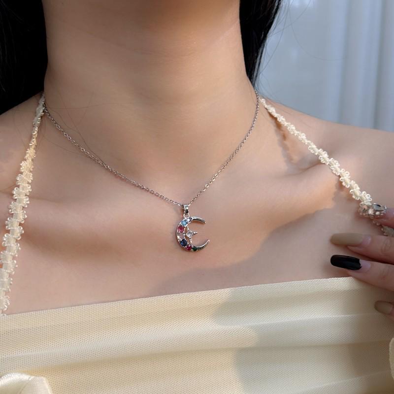 Moon and Stars Cubic Zirconia Titanium Necklace - European & American Style Women's Fashion Clavicle Chain