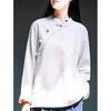 Damen Frühlings-/Herbst-Vintage-T-Shirt mit Stehkragen und langen Ärmeln, einfarbig, mit Knöpfen, chinesischer Stil