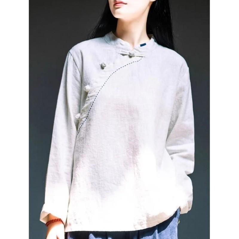 Damen Frühlings-/Herbst-Vintage-T-Shirt mit Stehkragen und langen Ärmeln, einfarbig, mit Knöpfen, chinesischer Stil