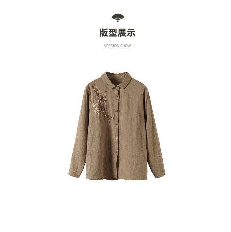 Spring and Autumn New Cotton and Linen Top Simple Literary Women's Long Sleeve Shirt Loose Versatile Flower Embroidered Shirt
