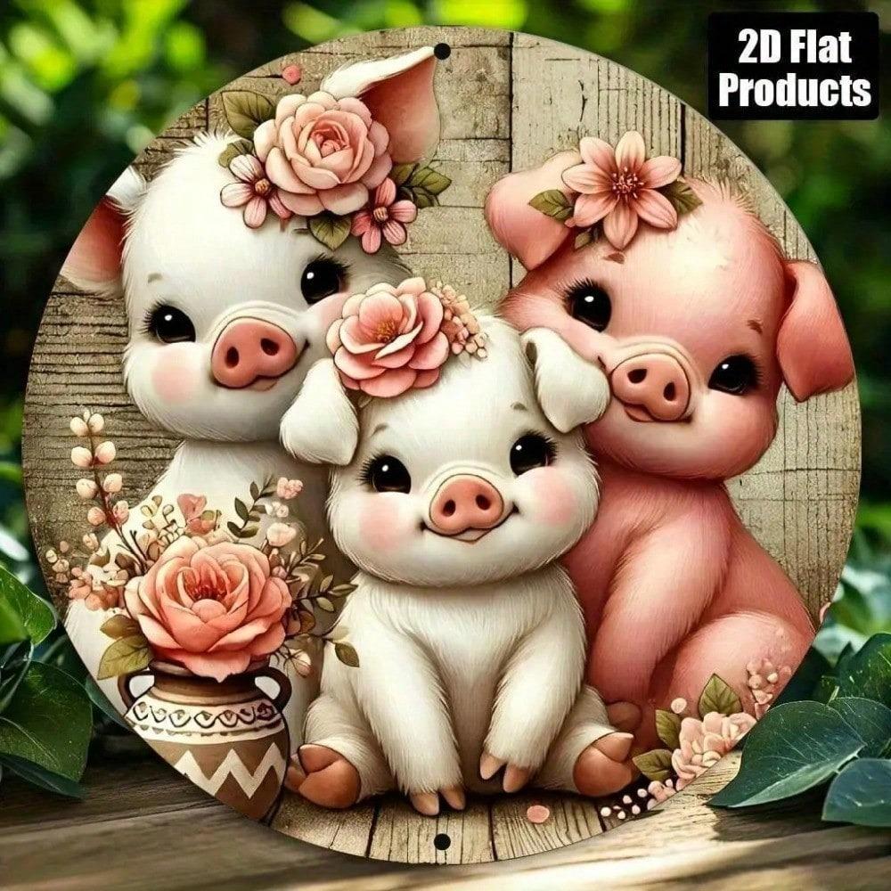 3 Little Pigs Metal Wall Art, 8x8 Round Rustic Farmhouse Aluminum Sign with Pink Roses